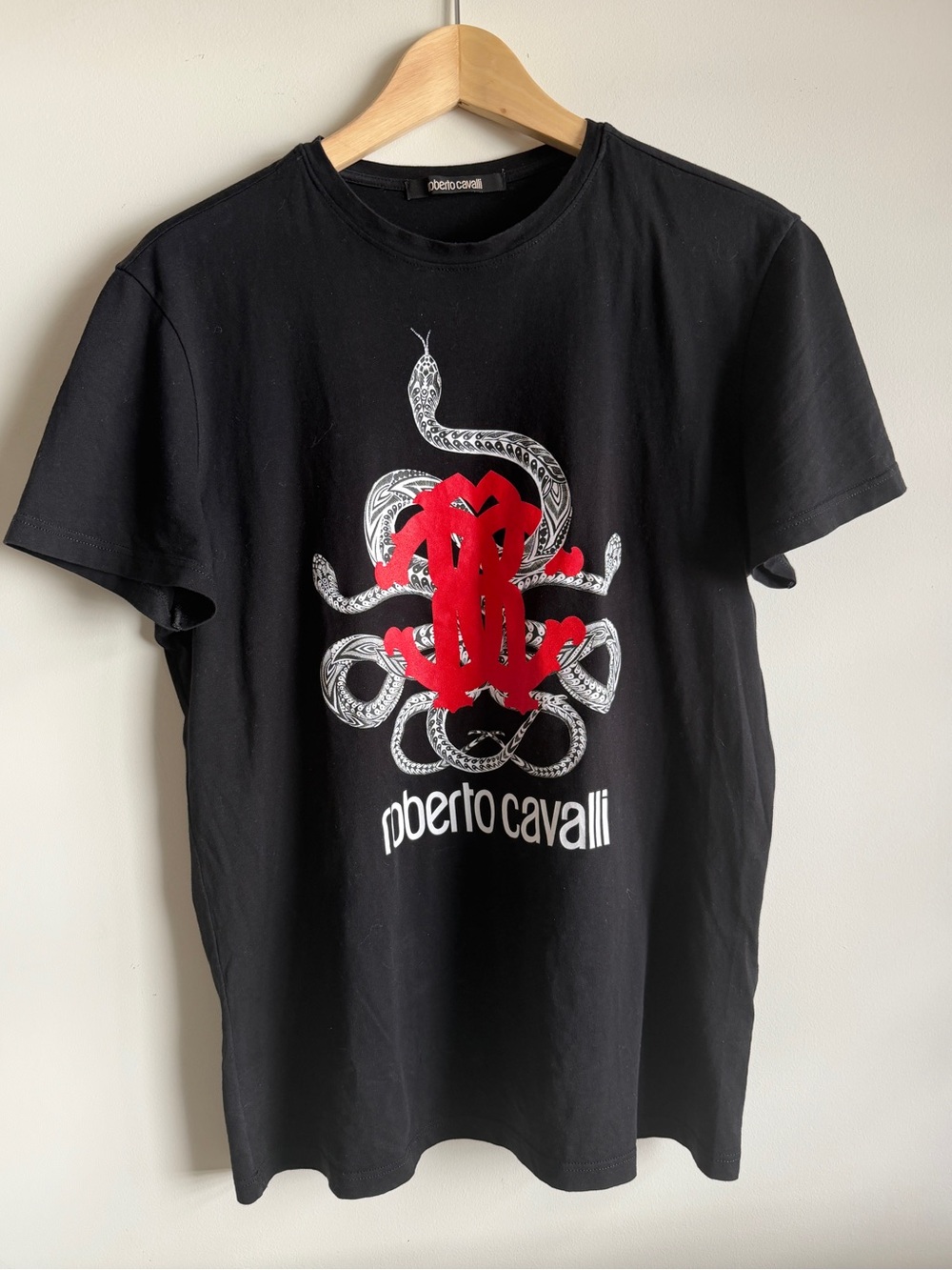 Roberto Cavalli Black Short-Sleeve Tee with Red & Silver Graphic